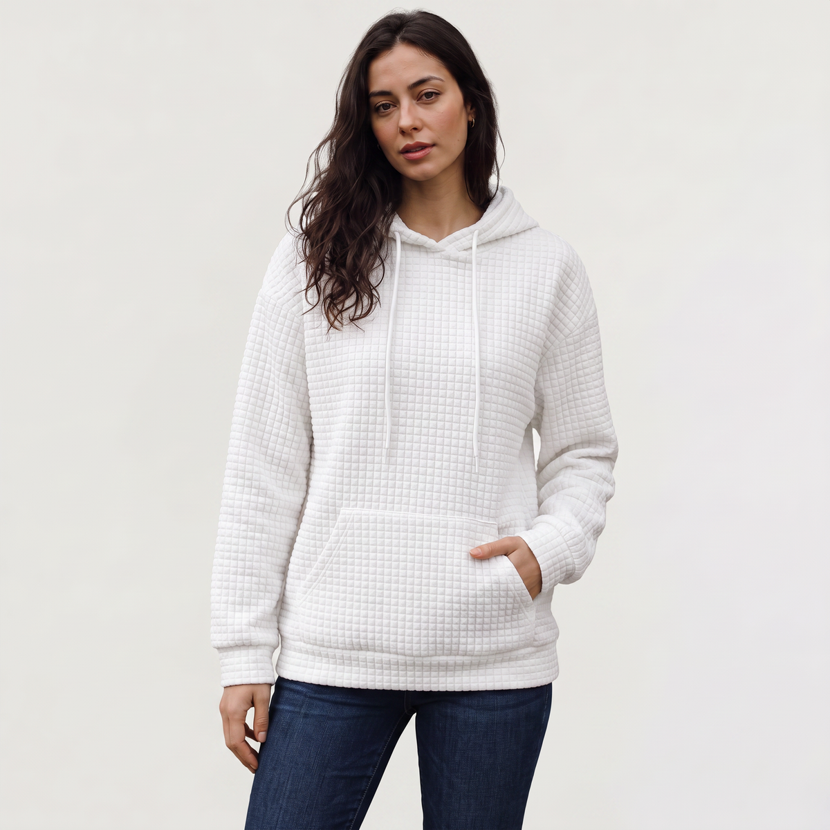 Quilted Drawstring Hoodie - Kangaroo Pocket