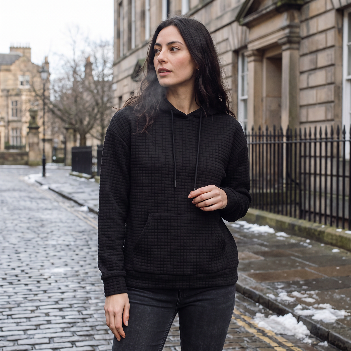 Quilted Drawstring Hoodie - Kangaroo Pocket