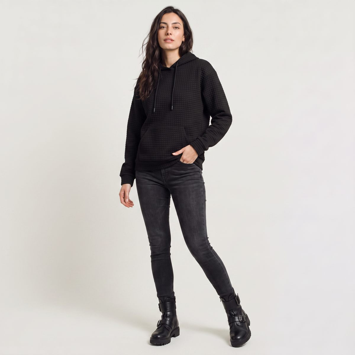 Quilted Drawstring Hoodie - Kangaroo Pocket