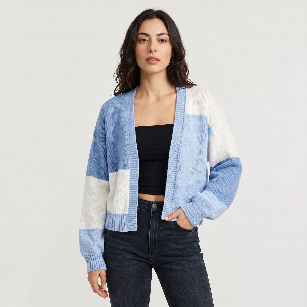 Open Front Cropped Cardigan - Ribbed Cuffs