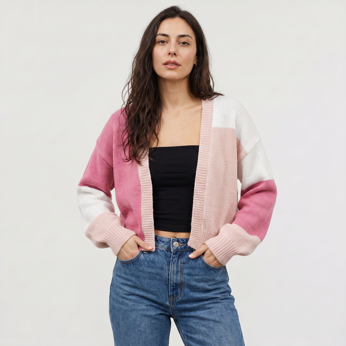 Open Front Cropped Cardigan - Ribbed Cuffs