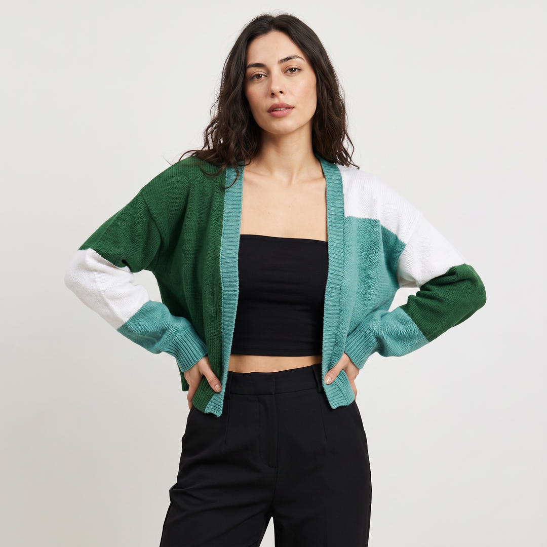 Open Front Cropped Cardigan - Ribbed Cuffs