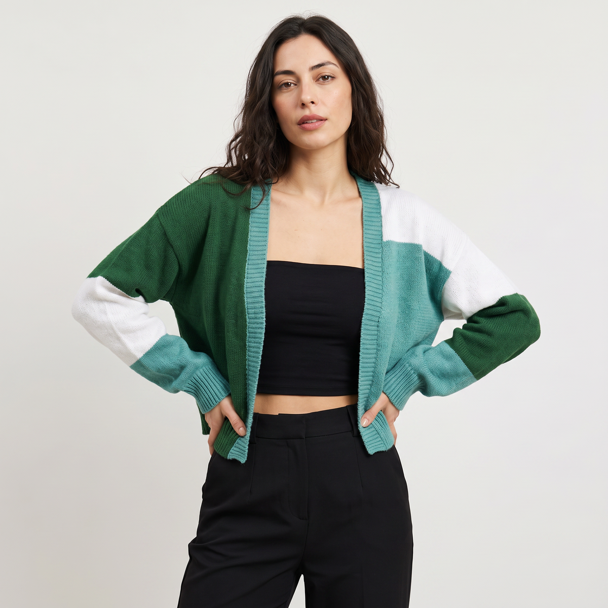Open Front Cropped Cardigan - Ribbed Cuffs