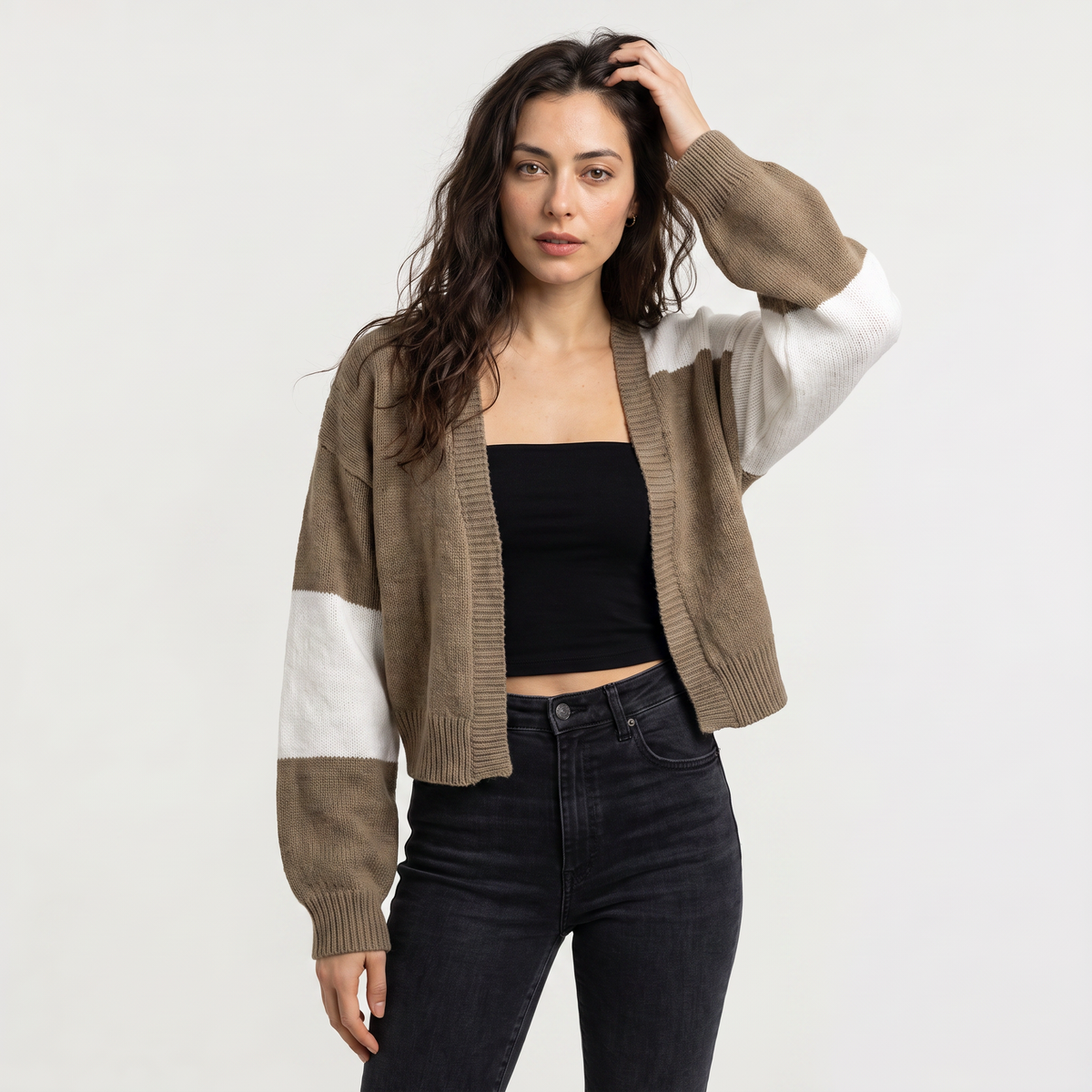 Open Front Cropped Cardigan - Ribbed Cuffs