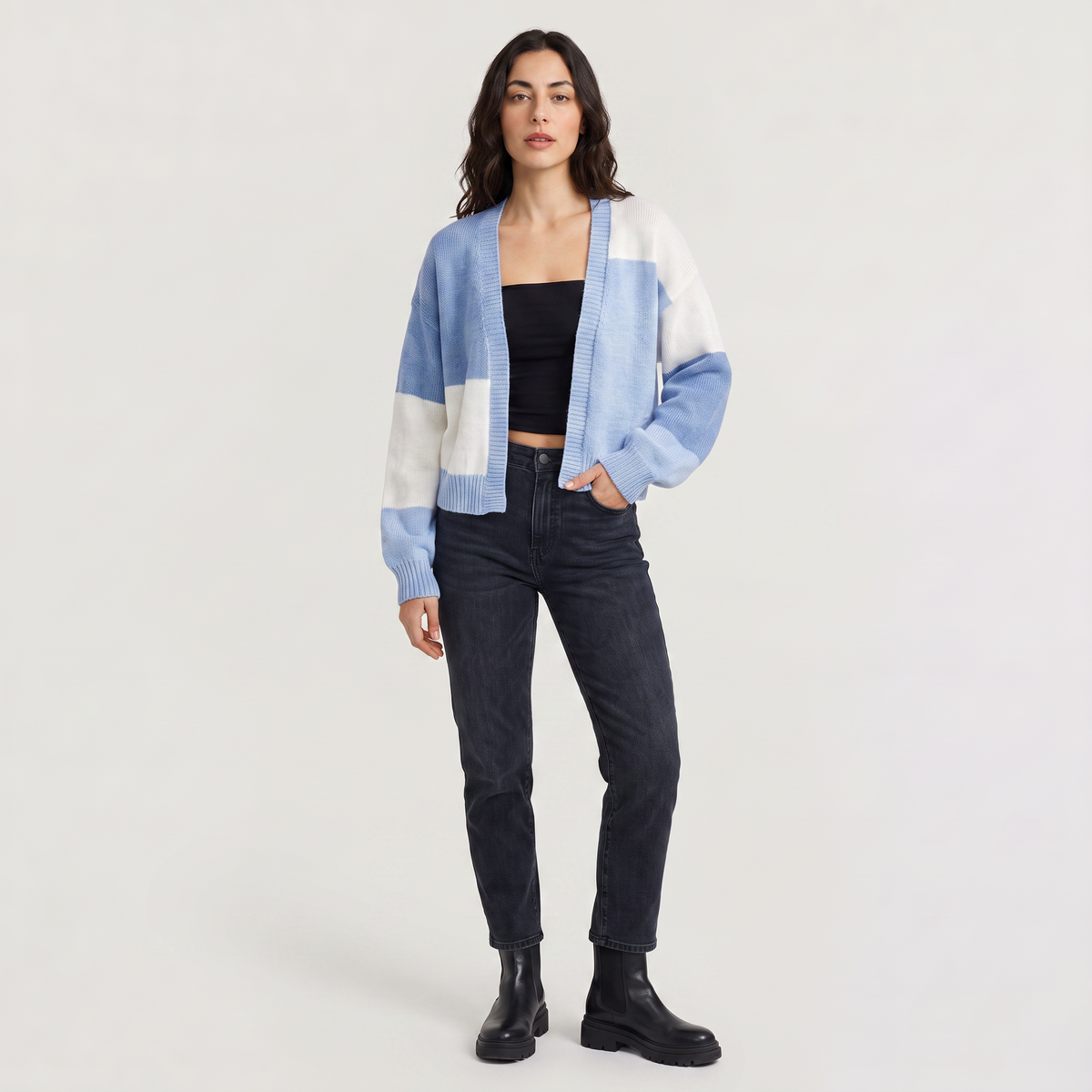 Open Front Cropped Cardigan - Ribbed Cuffs