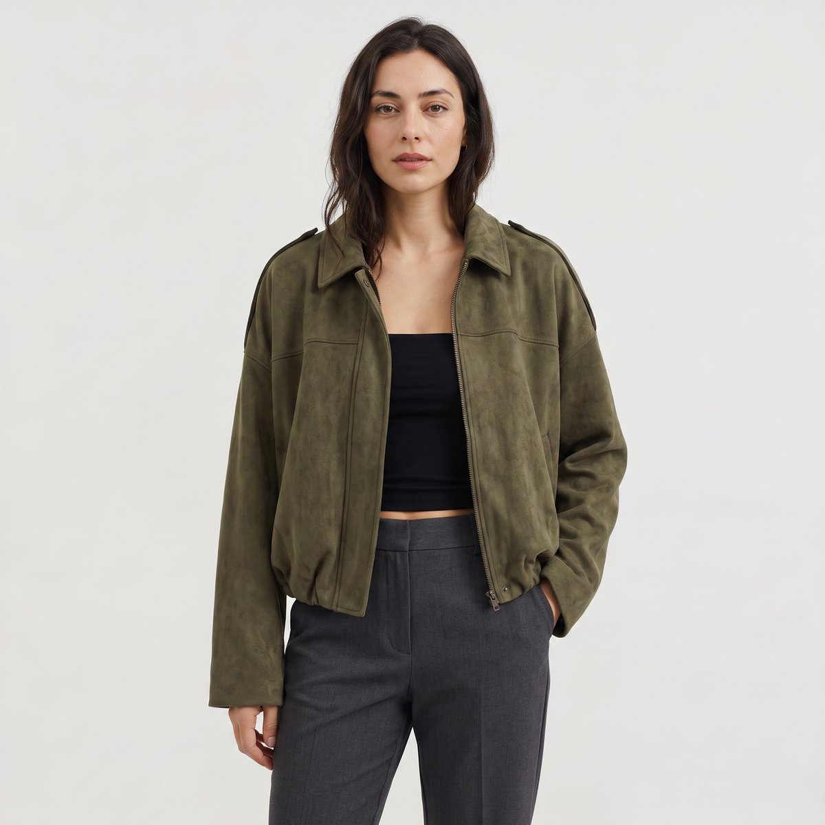 Faux Suede Collared Bomber Jacket