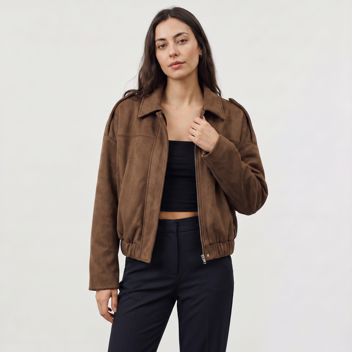 Faux Suede Collared Bomber Jacket