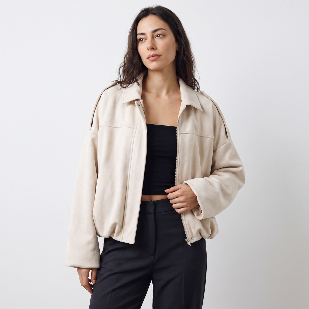 Faux Suede Collared Bomber Jacket