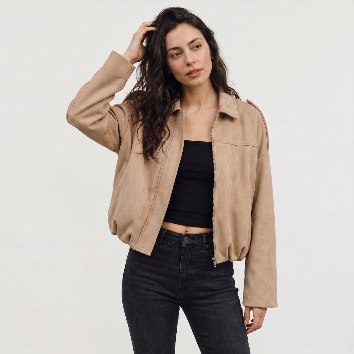 Faux Suede Collared Bomber Jacket