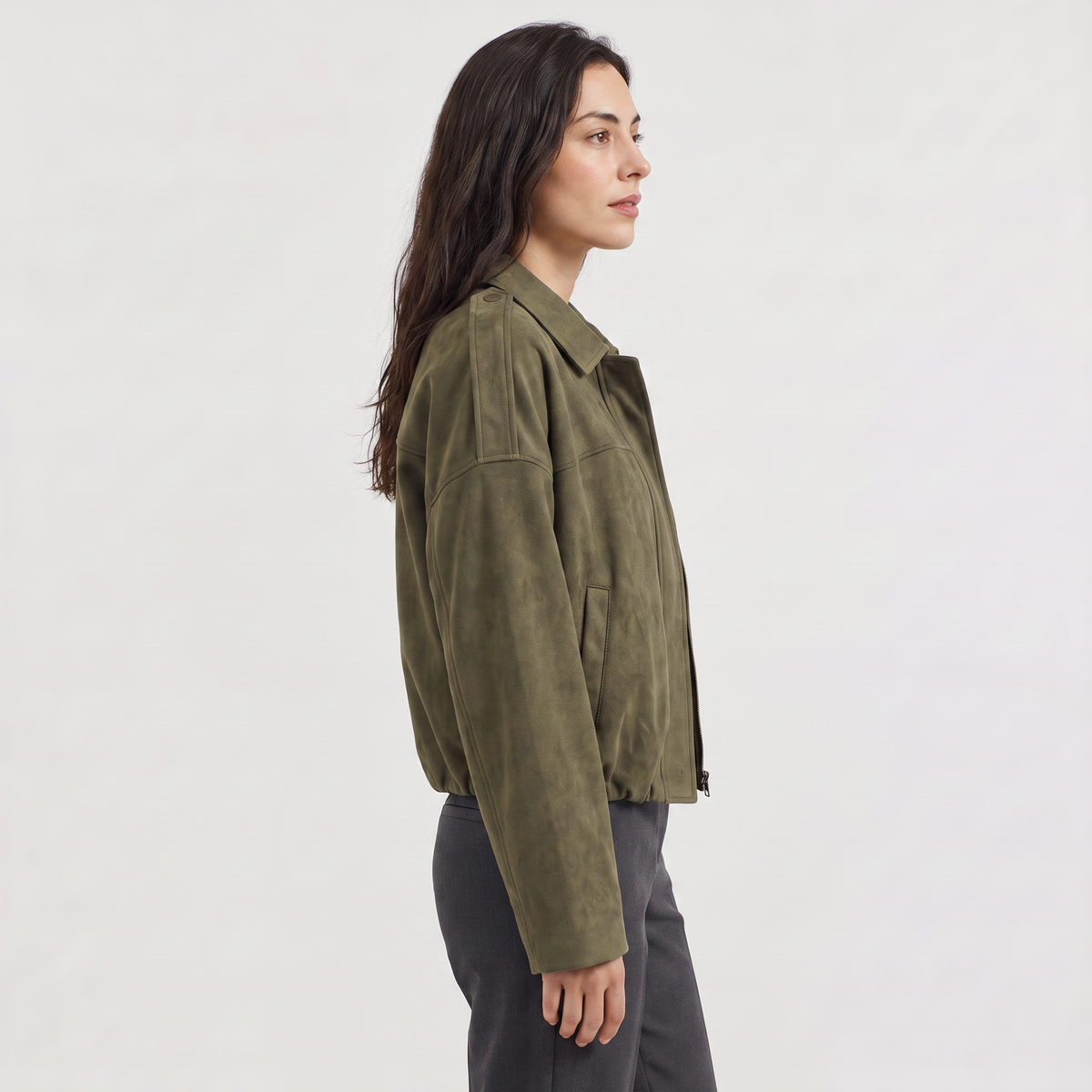 Faux Suede Collared Bomber Jacket