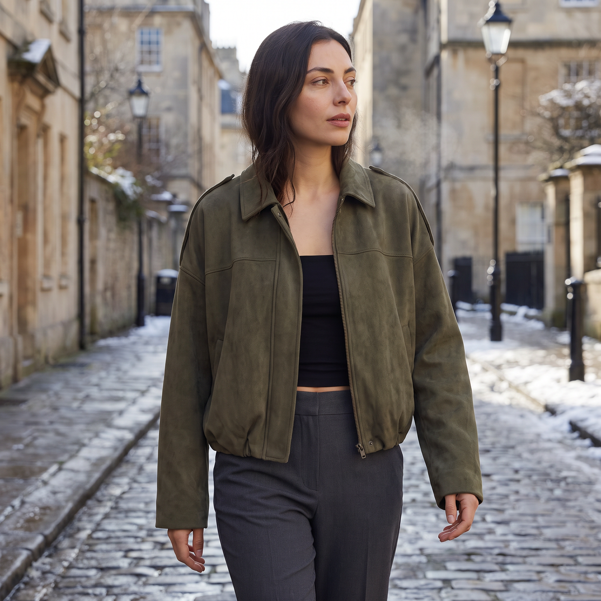 Faux Suede Collared Bomber Jacket