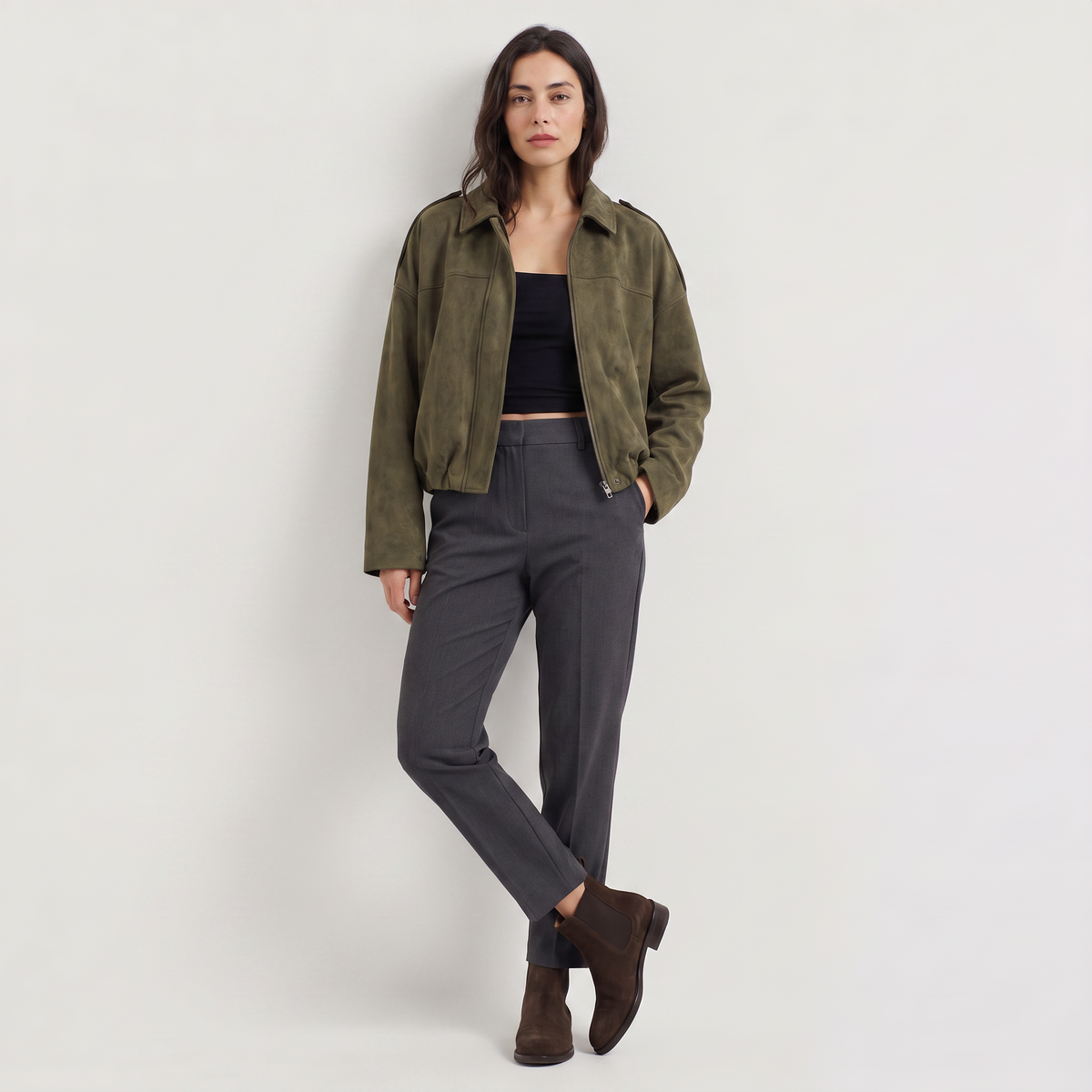 Faux Suede Collared Bomber Jacket