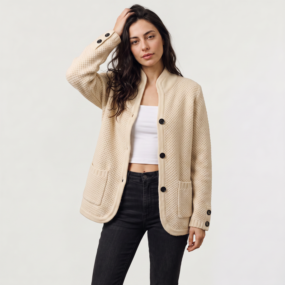 Textured Knit Stand Collar Cardigan