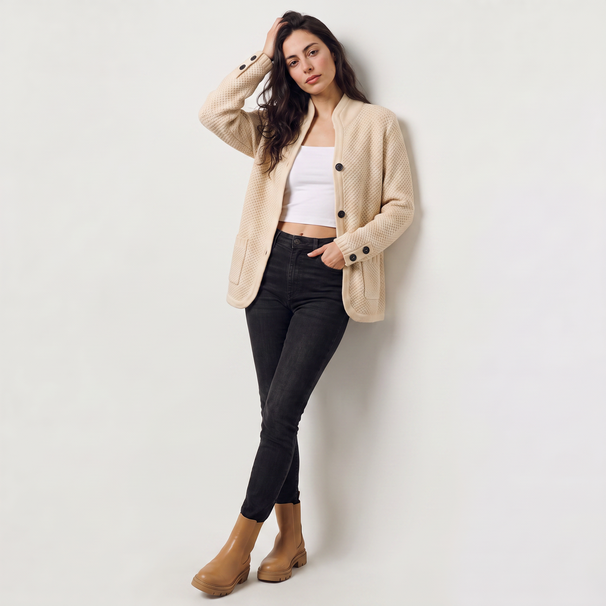 Textured Knit Stand Collar Cardigan
