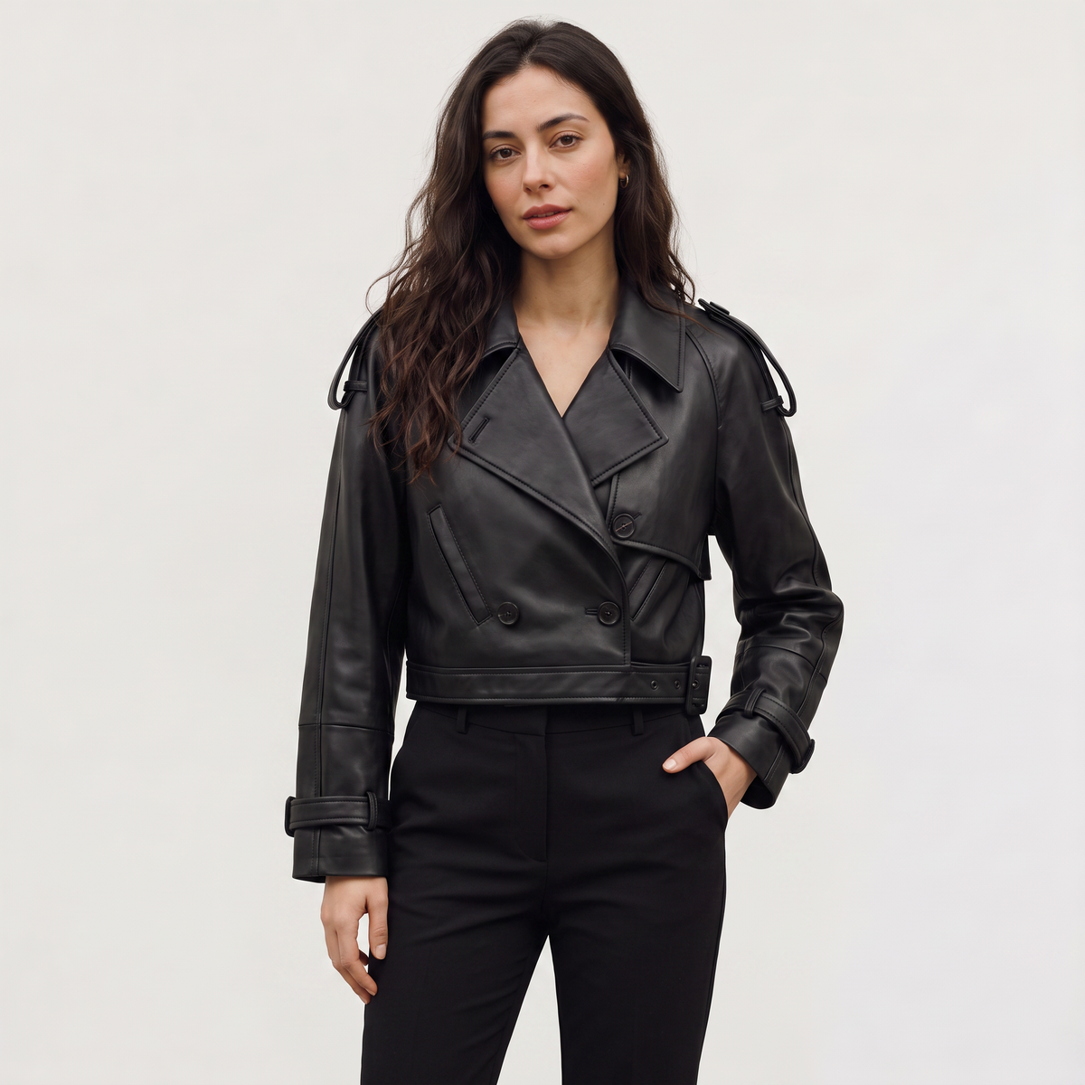 Cropped Belted Double-Breasted Trench Coat