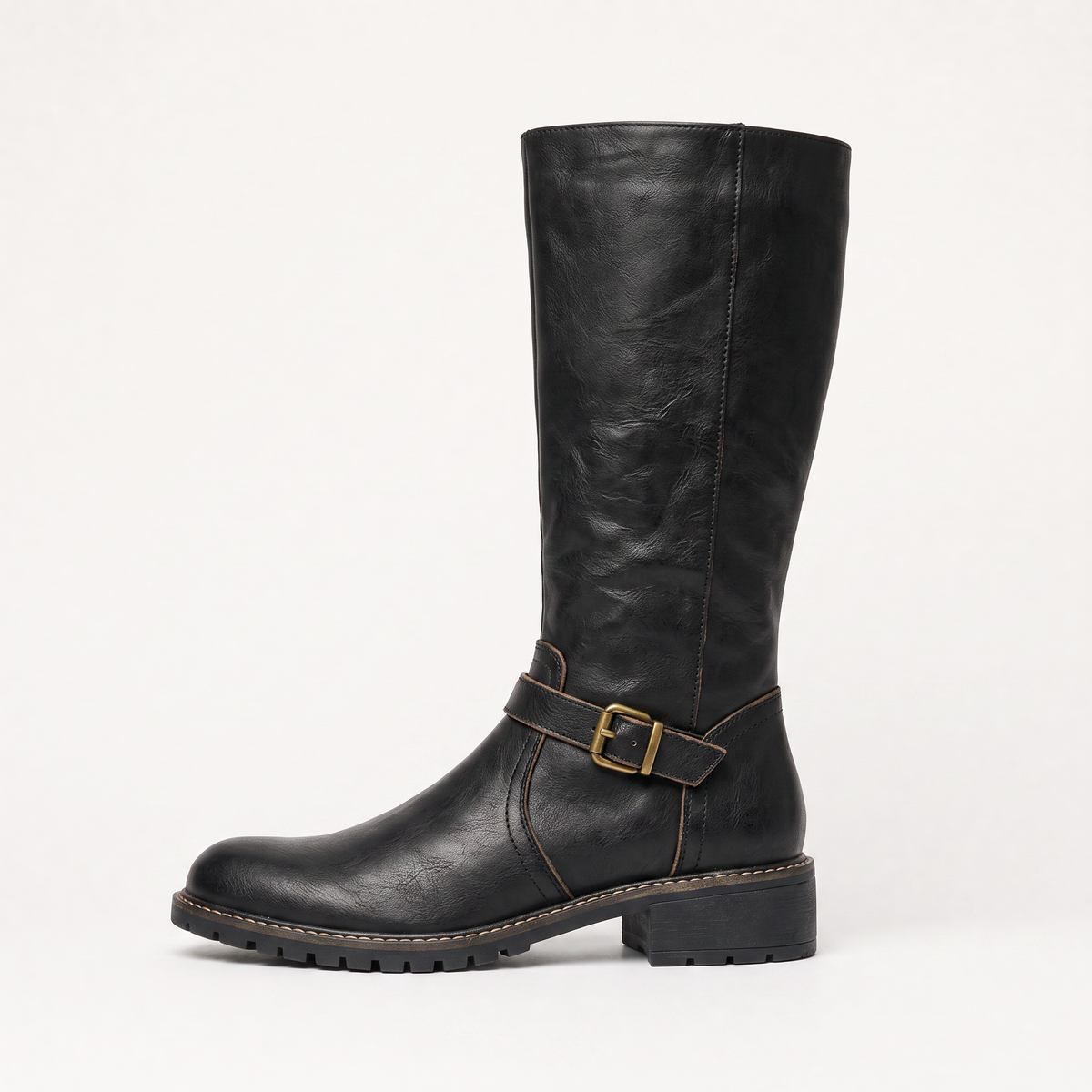 Faux Leather Knee-High Buckle Riding Boots