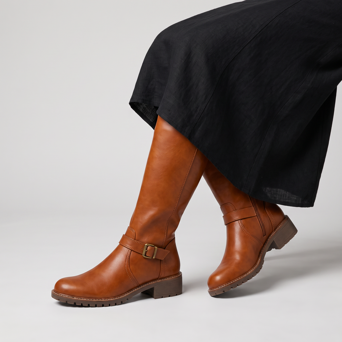 Faux Leather Knee-High Buckle Riding Boots