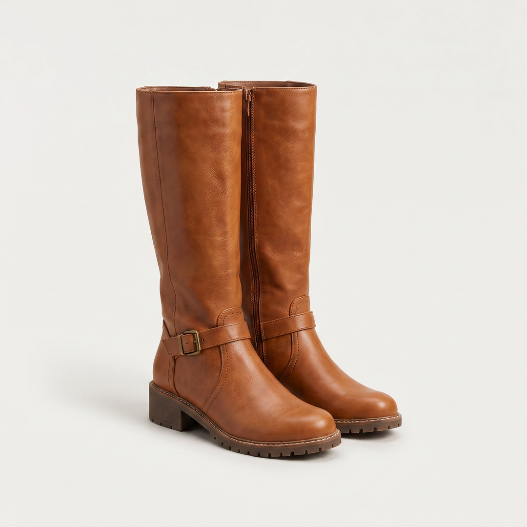 Faux Leather Knee-High Buckle Riding Boots
