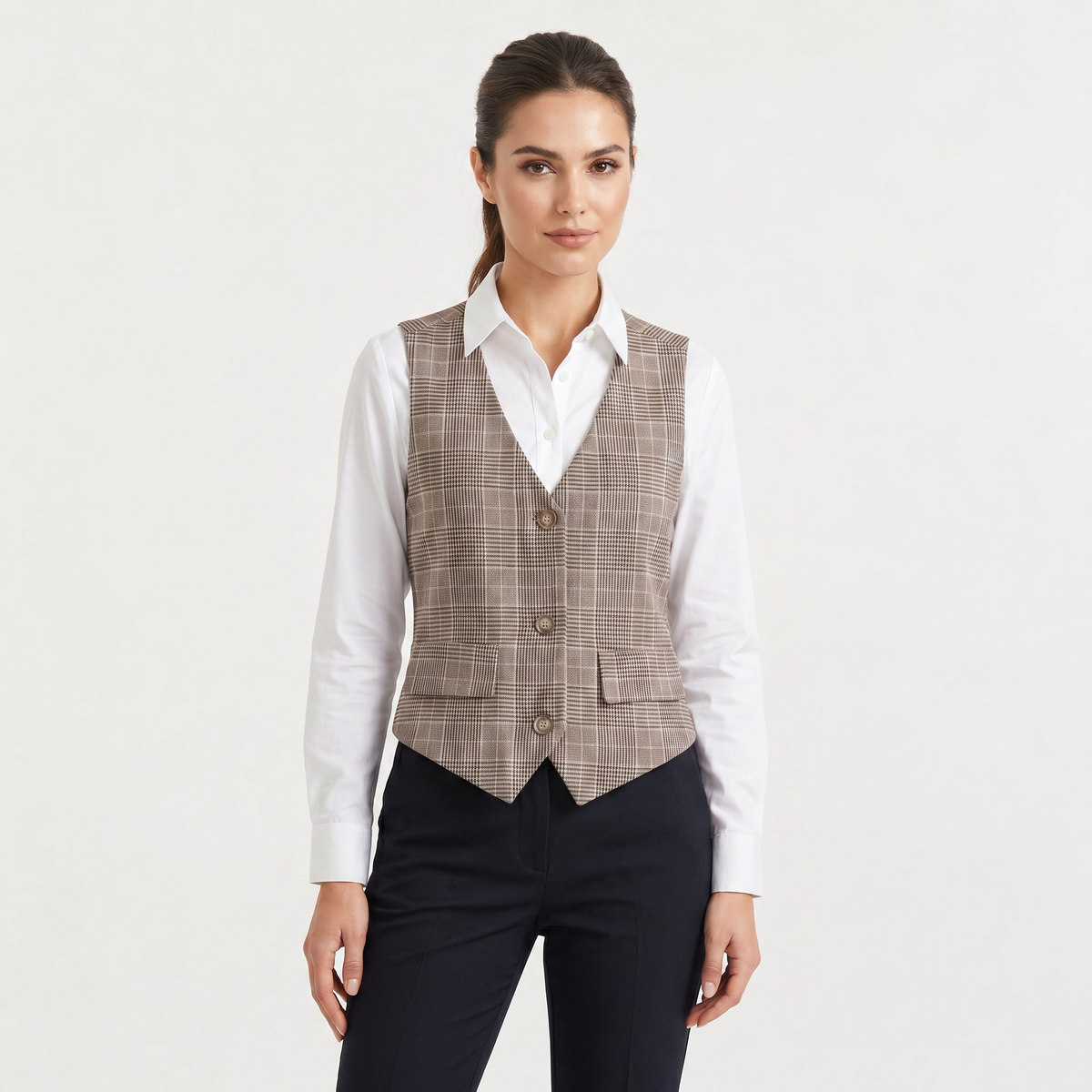 Beige Plaid Button-Front Waistcoat