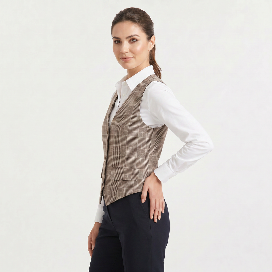 Beige Plaid Button-Front Waistcoat
