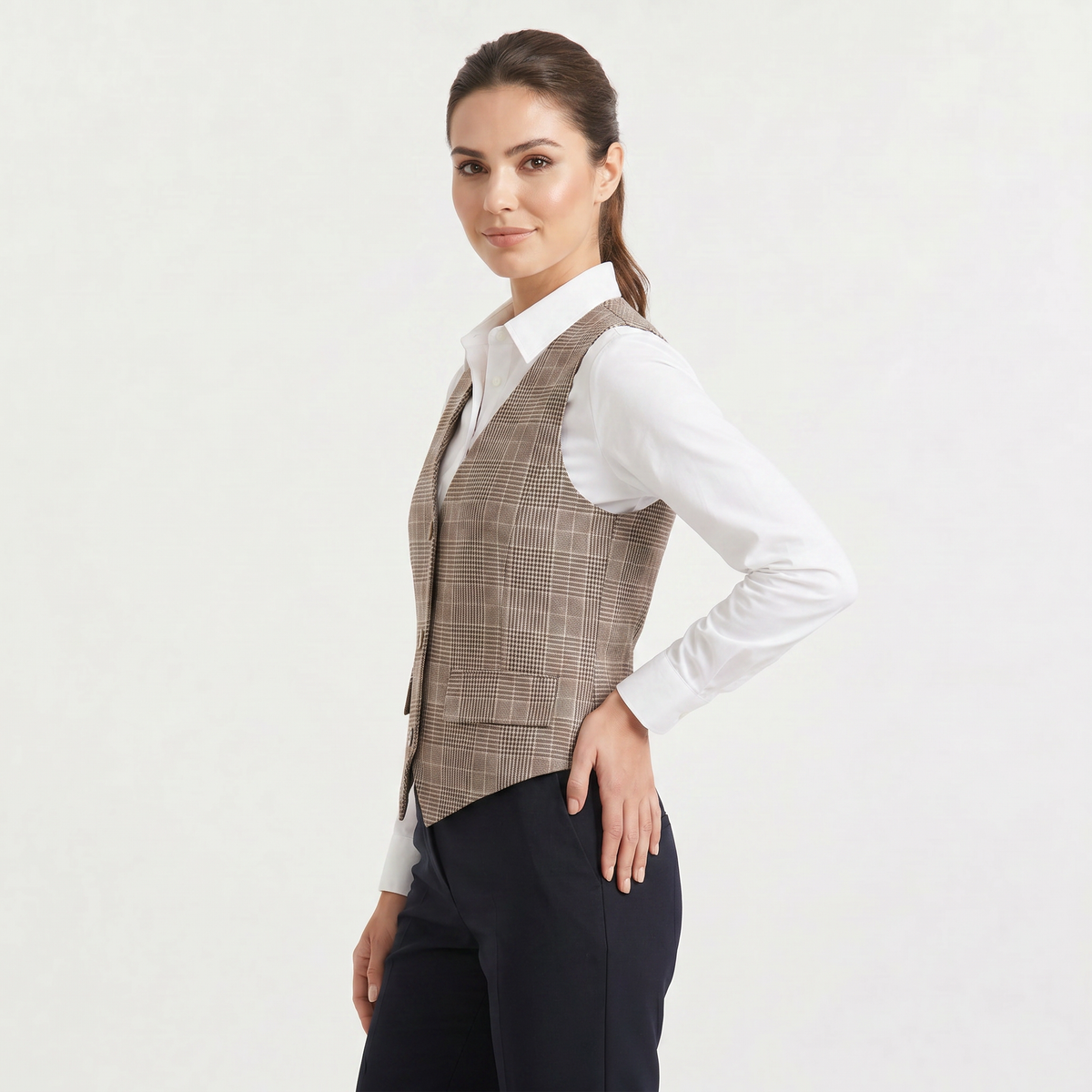 Beige Plaid Button-Front Waistcoat