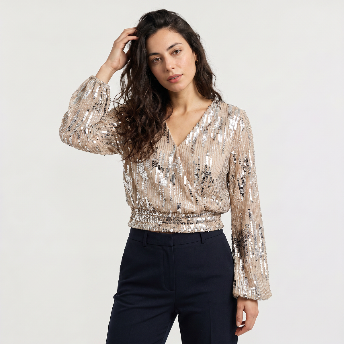 Long Sleeve Sequin V-Neck Blouse