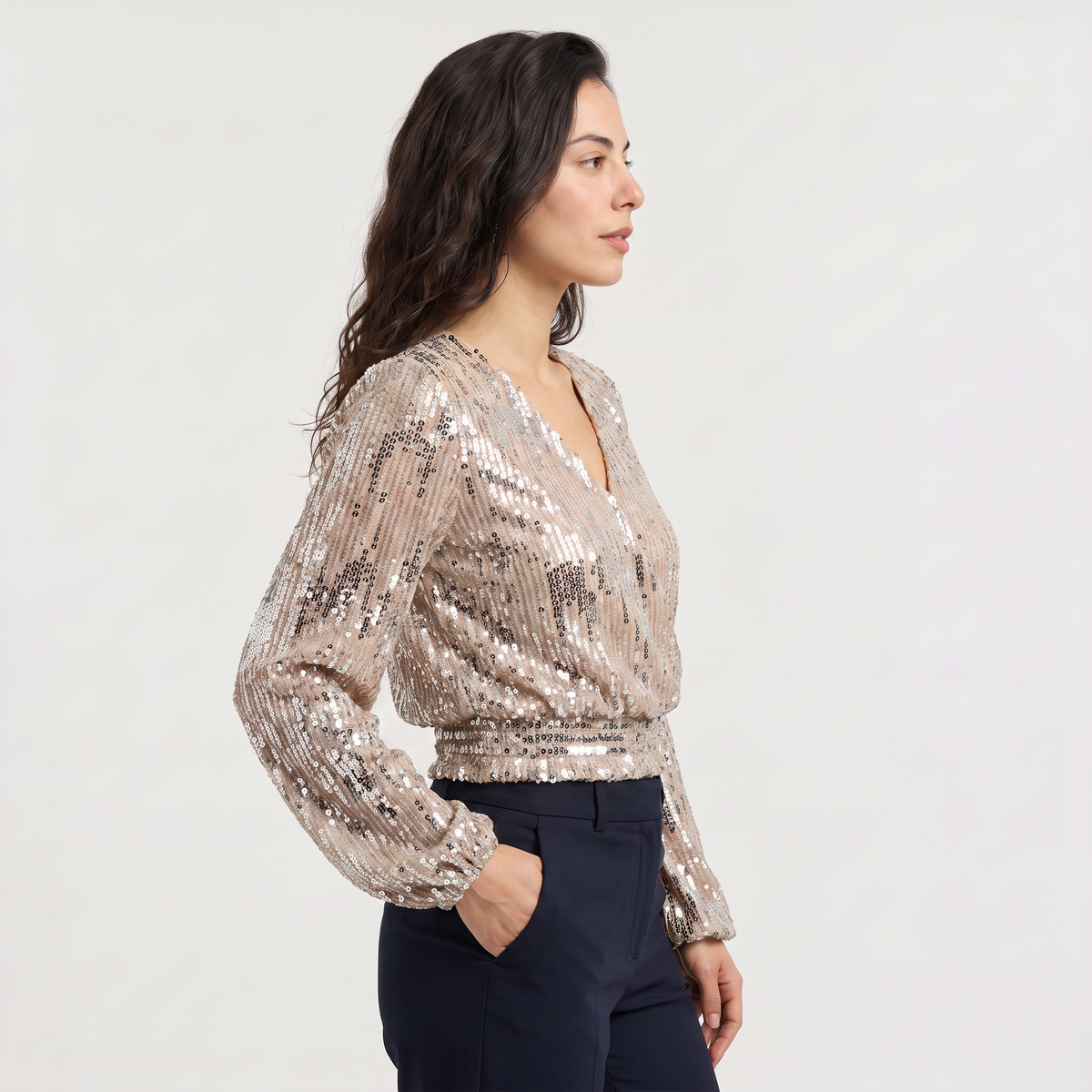 Long Sleeve Sequin V-Neck Blouse