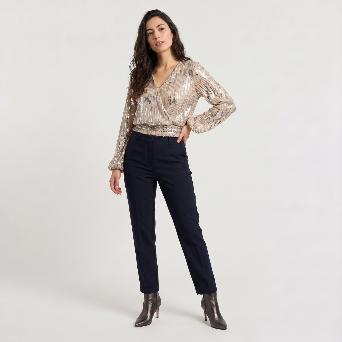 Long Sleeve Sequin V-Neck Blouse