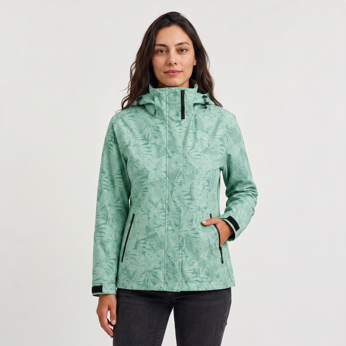Leaf Print Waterproof Hooded Zip Jacket