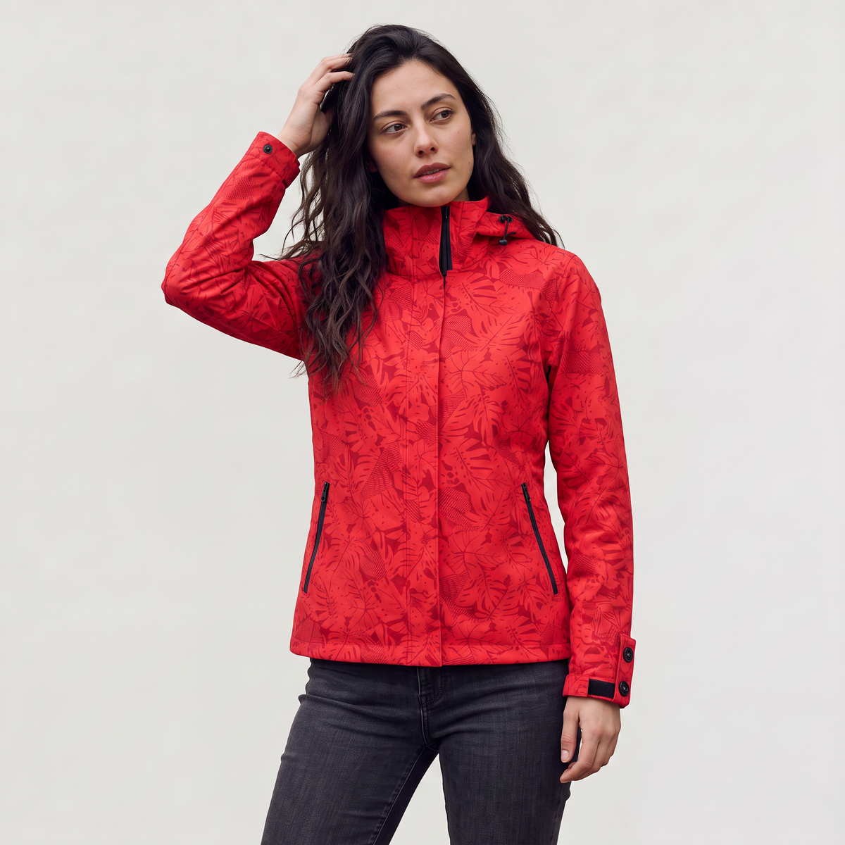 Leaf Print Waterproof Hooded Zip Jacket