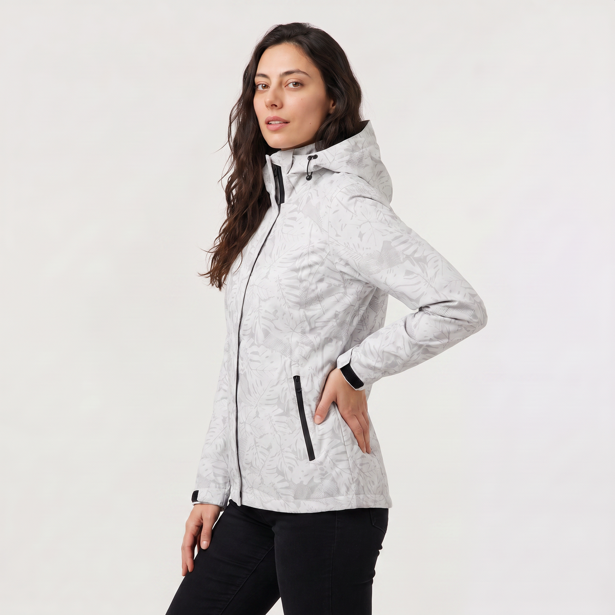 Leaf Print Waterproof Hooded Zip Jacket