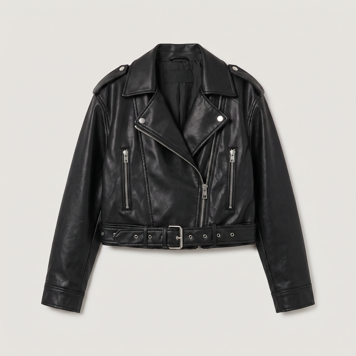 Leather Cropped Biker Jacket with Belt