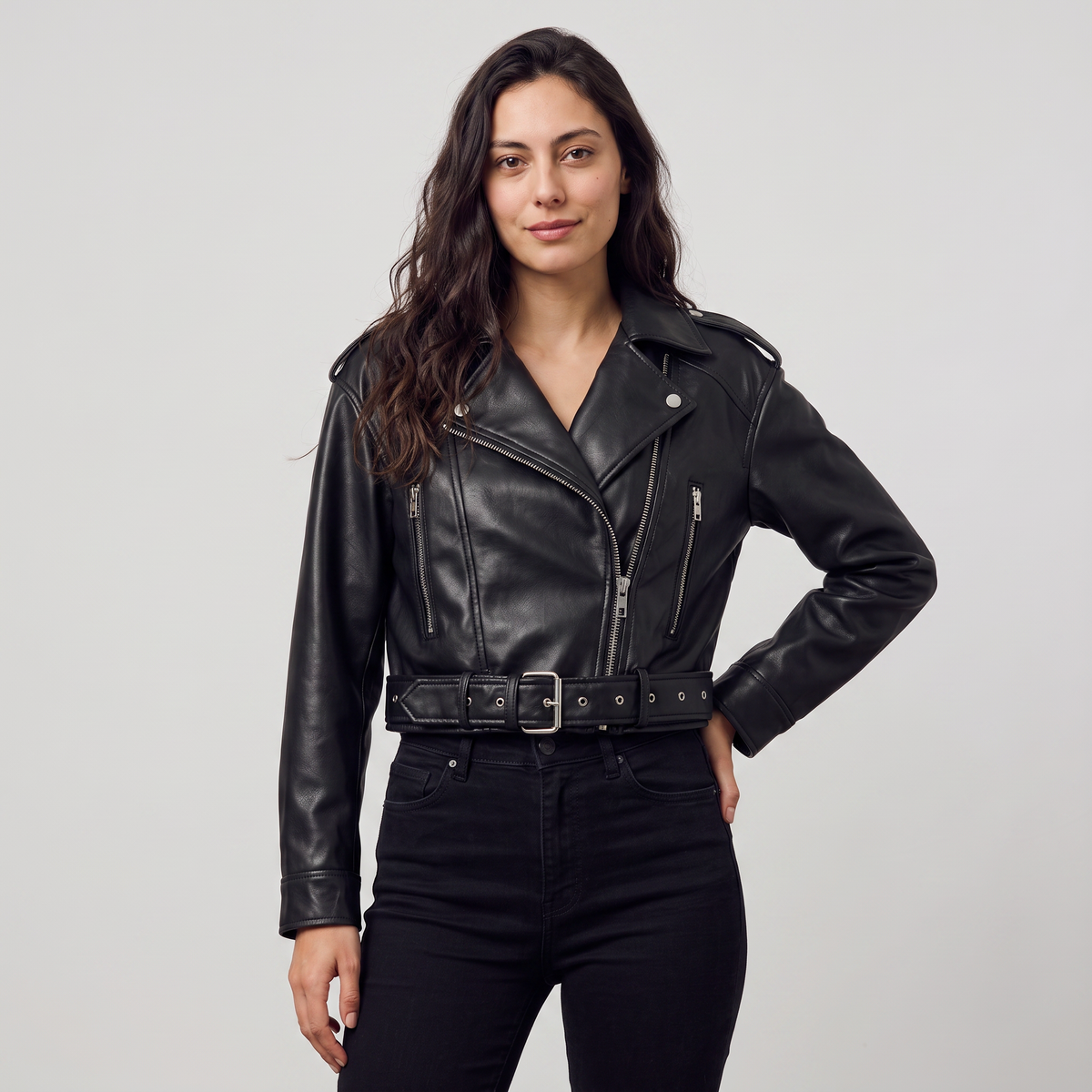 Leather Cropped Biker Jacket with Belt