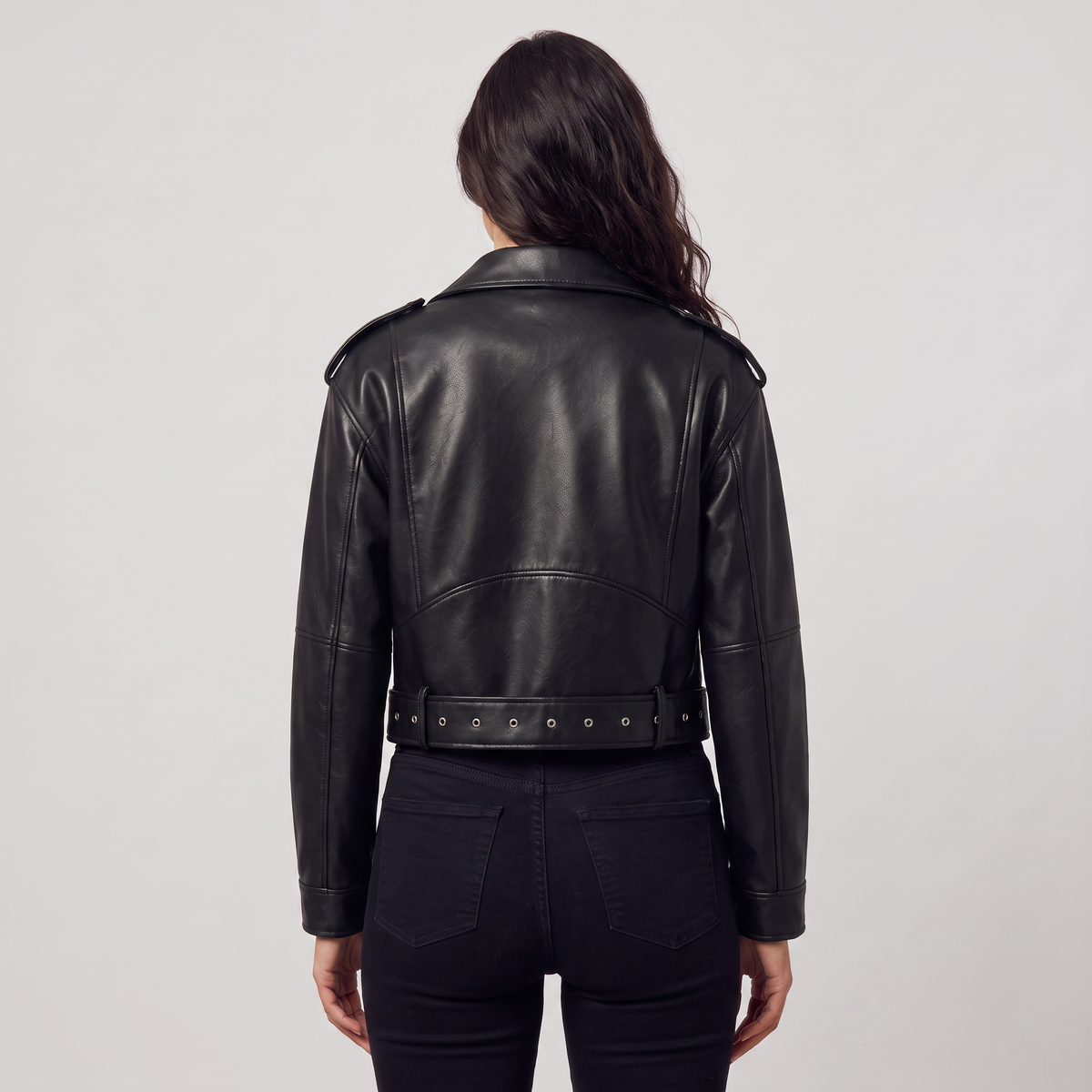 Leather Cropped Biker Jacket with Belt