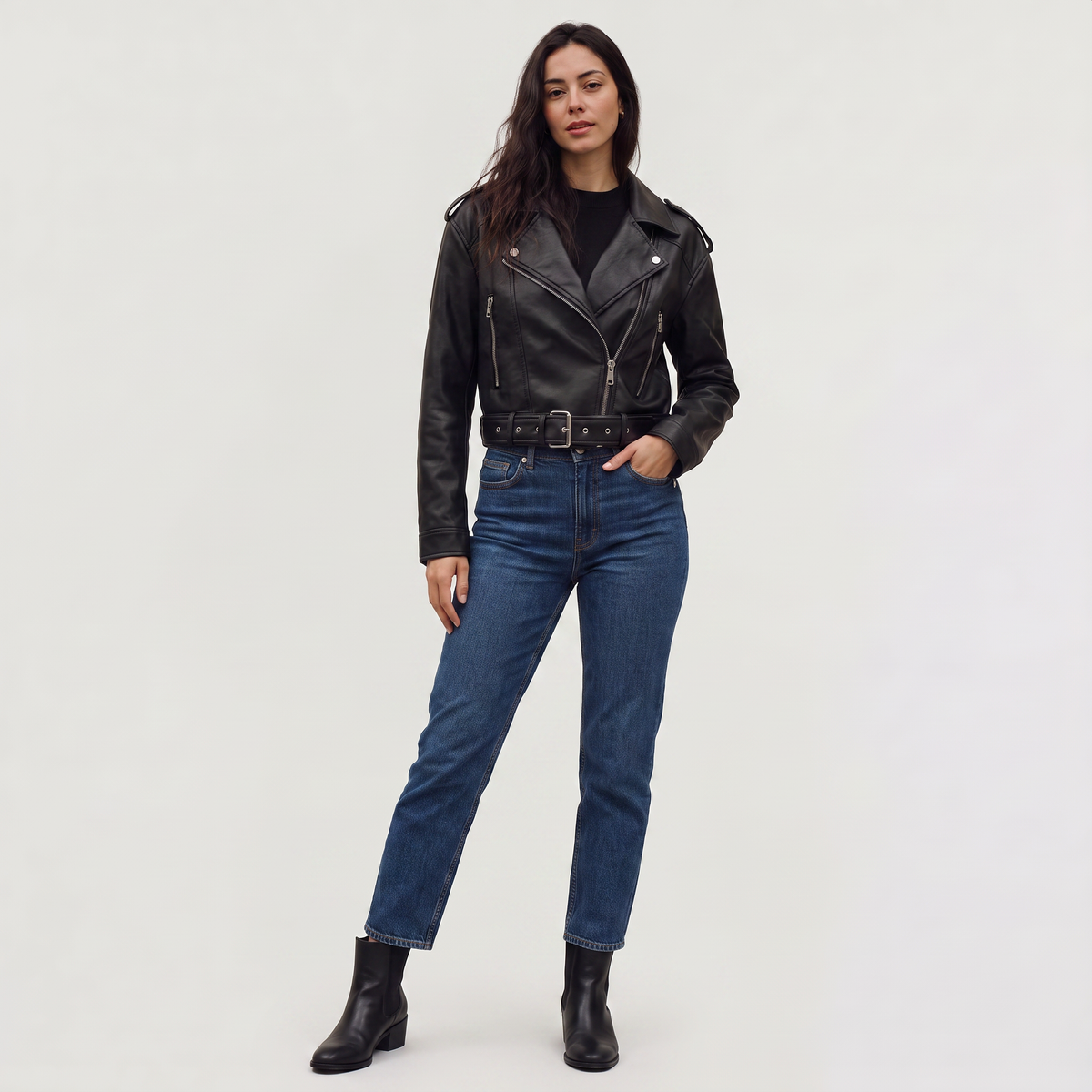 Leather Cropped Biker Jacket with Belt
