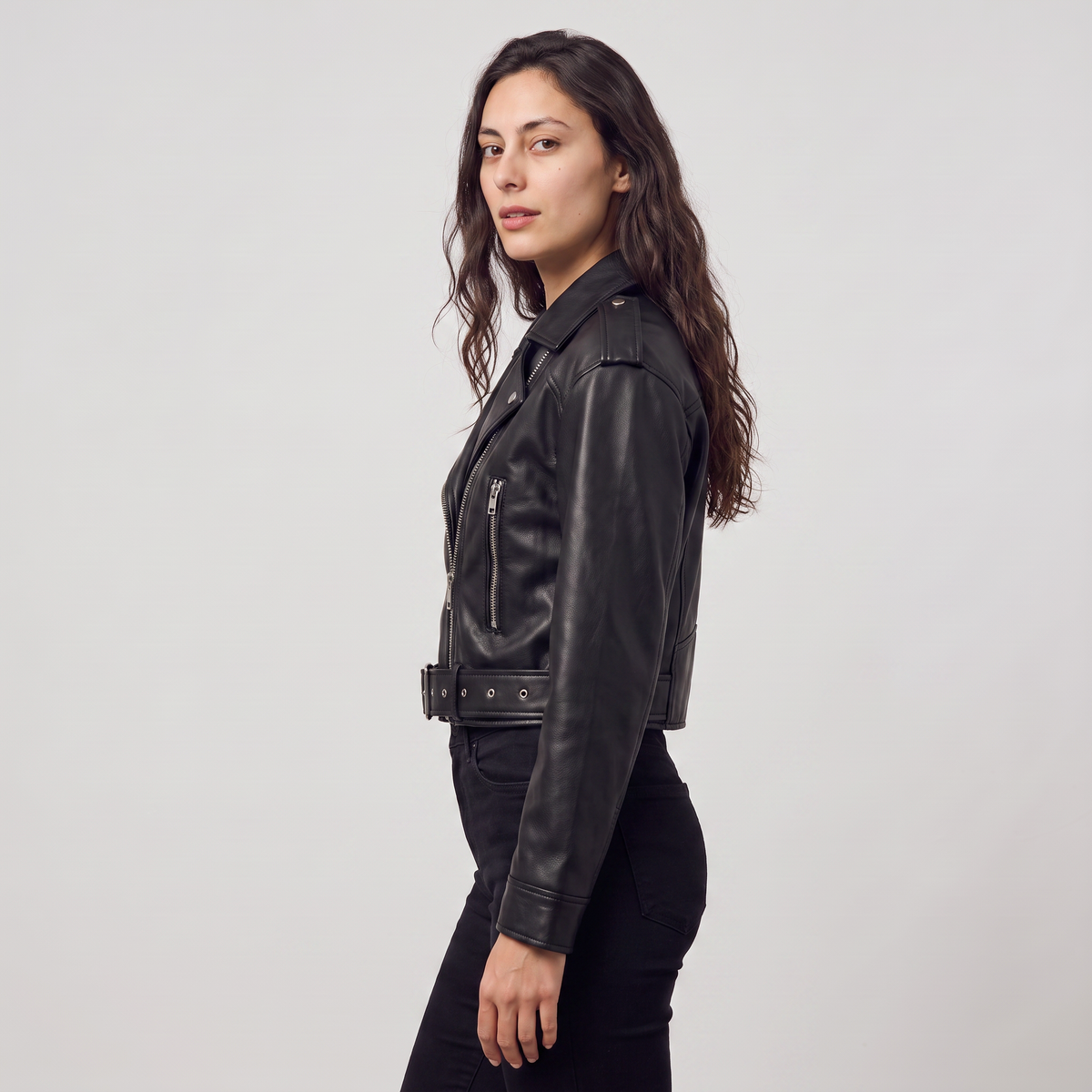 Leather Cropped Biker Jacket with Belt