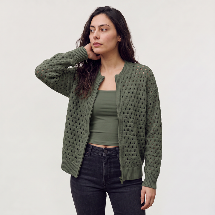 Hollow-Knit Zip Cardigan - Relaxed fit