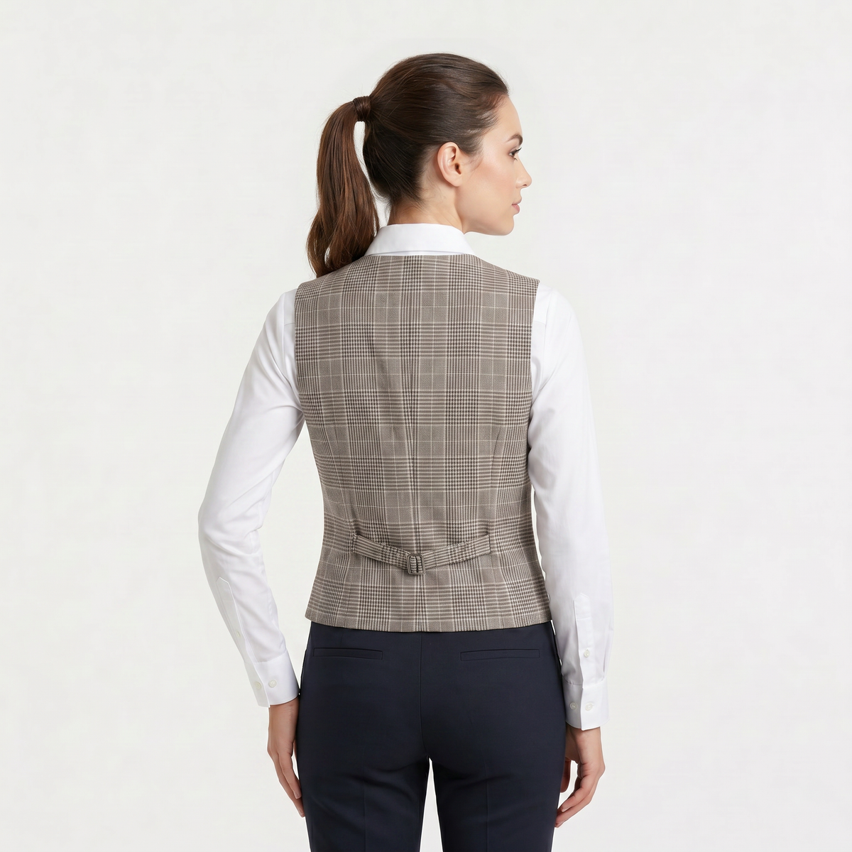 Beige Plaid Button-Front Waistcoat