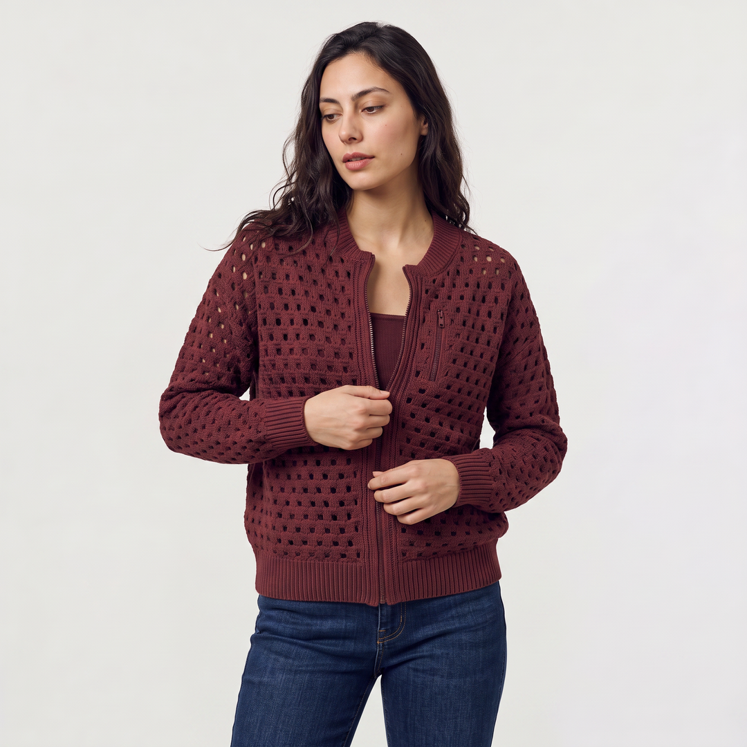 Hollow-Knit Zip Cardigan - Relaxed fit