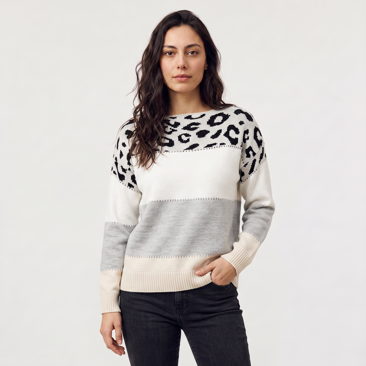 Color-Block Leopard Print Sweater
