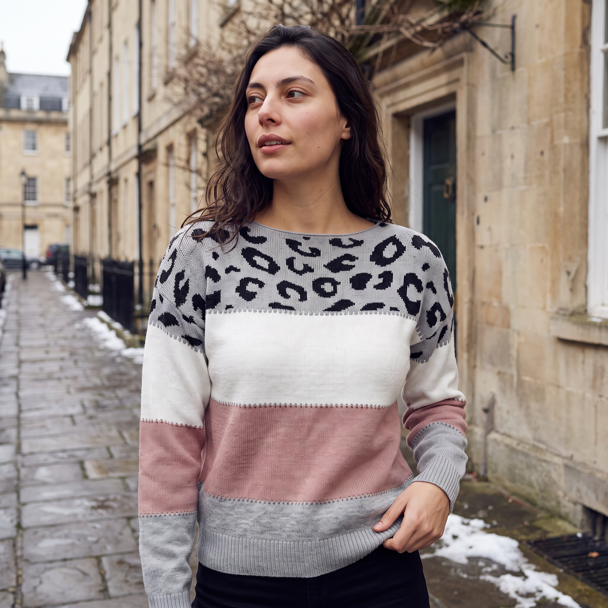 Color-Block Leopard Print Sweater