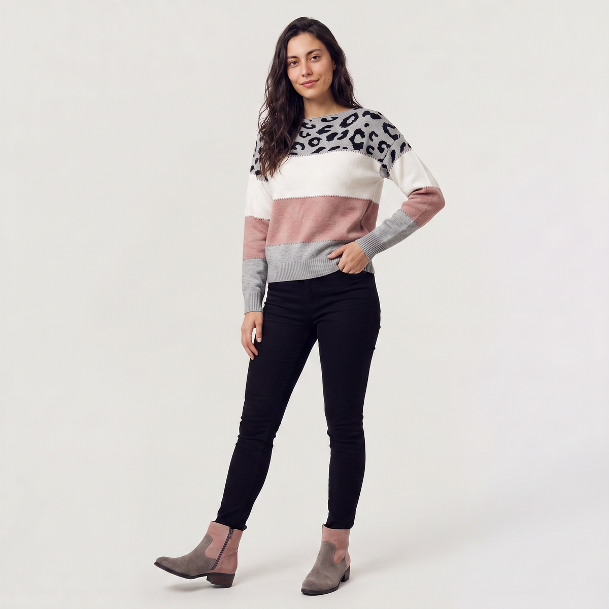 Color-Block Leopard Print Sweater