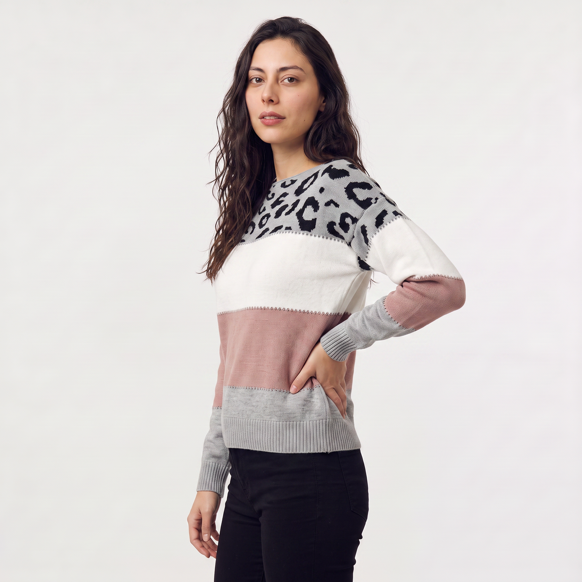 Color-Block Leopard Print Sweater