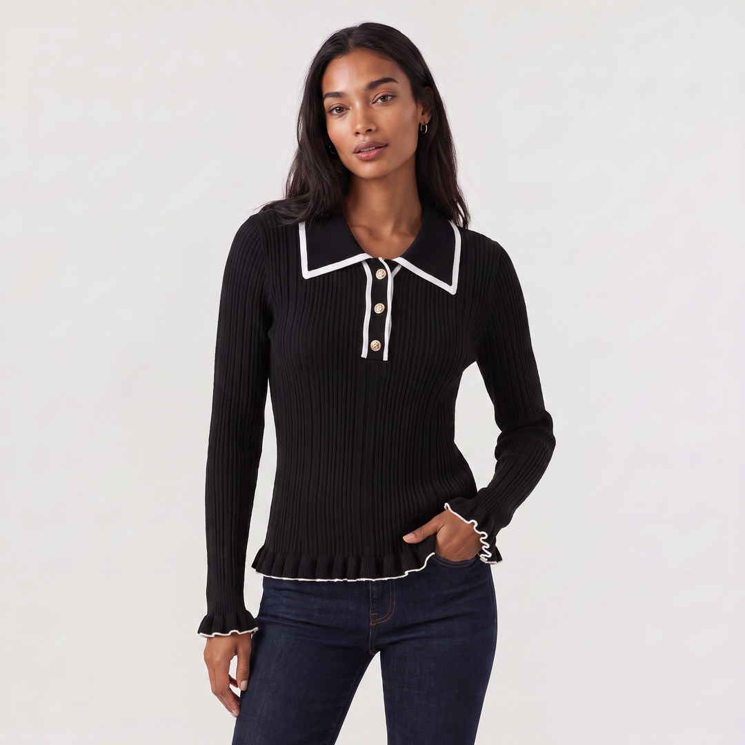 Ribbed Polo Knit Jumper - Fitted Top