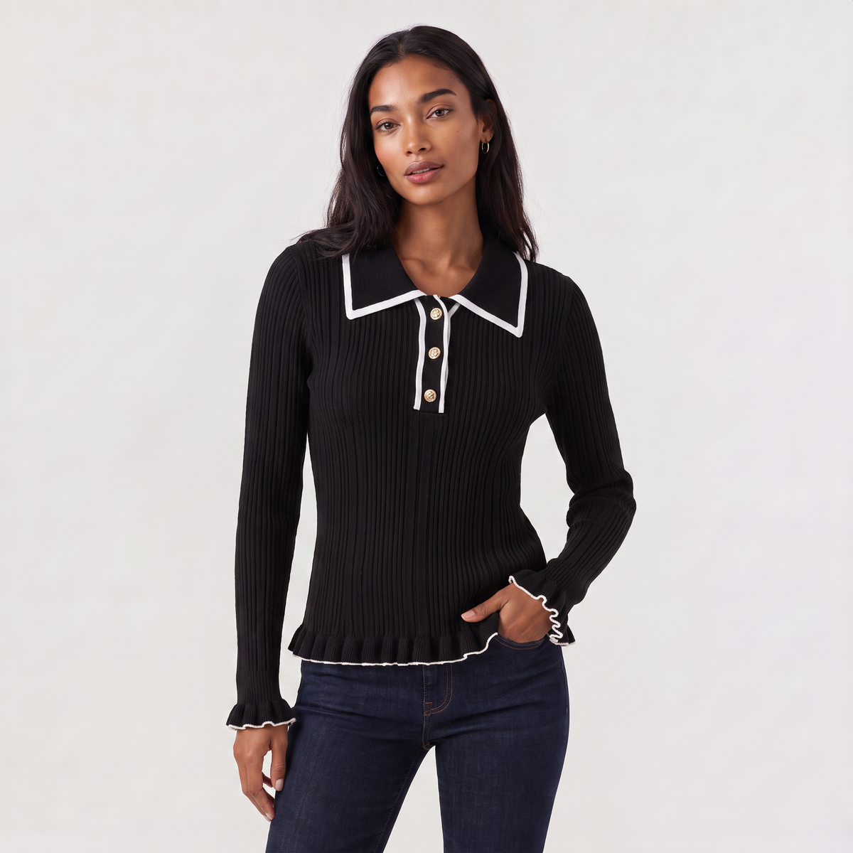 Ribbed Polo Knit Jumper - Fitted Top