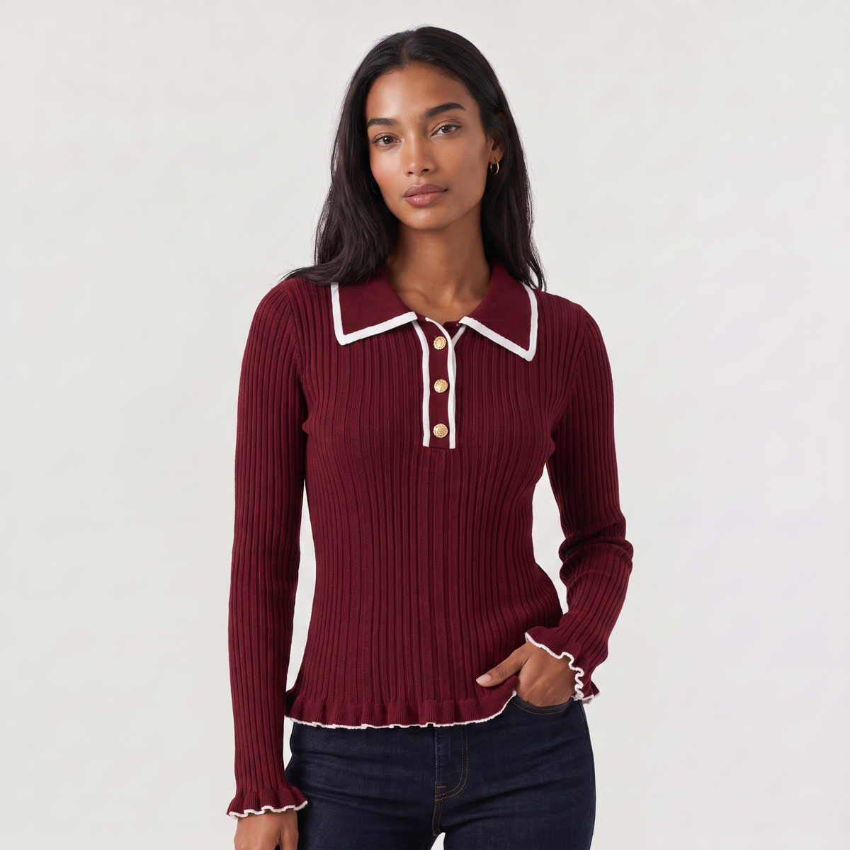 Ribbed Polo Knit Jumper - Fitted Top