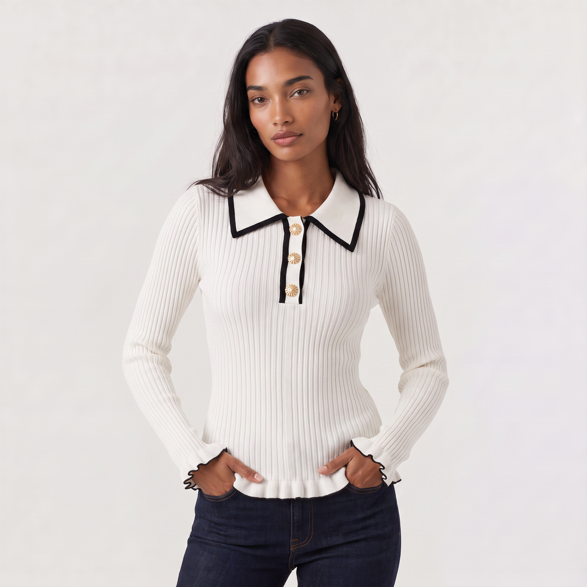 Ribbed Polo Knit Jumper - Fitted Top
