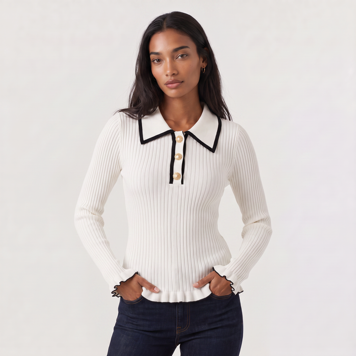 Ribbed Polo Knit Jumper - Fitted Top
