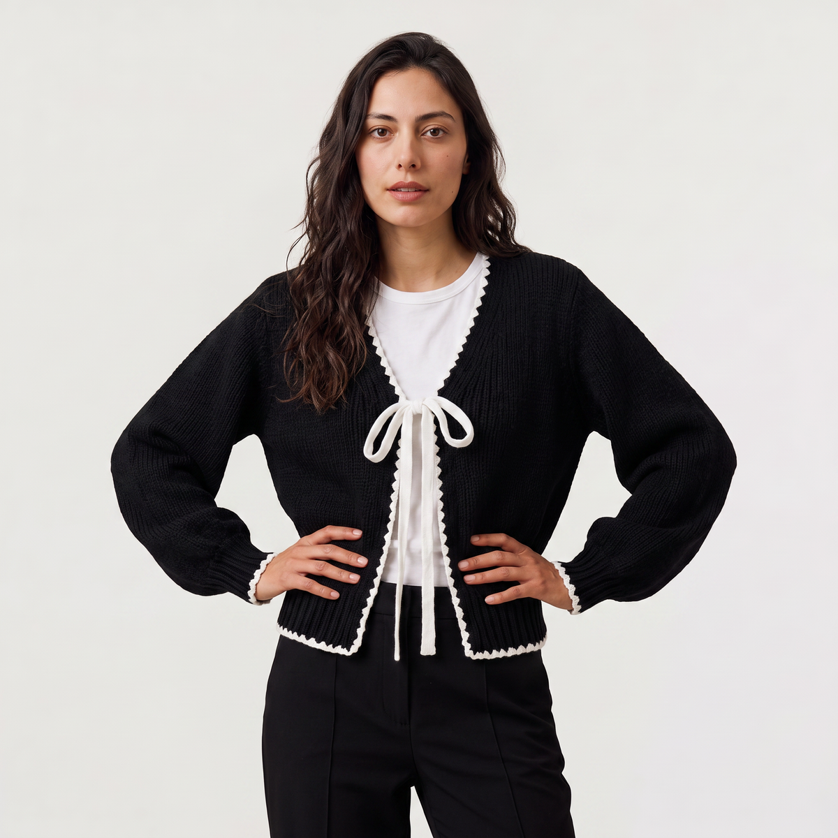 Scallopped Trim Tie-Front Knit Cardigan