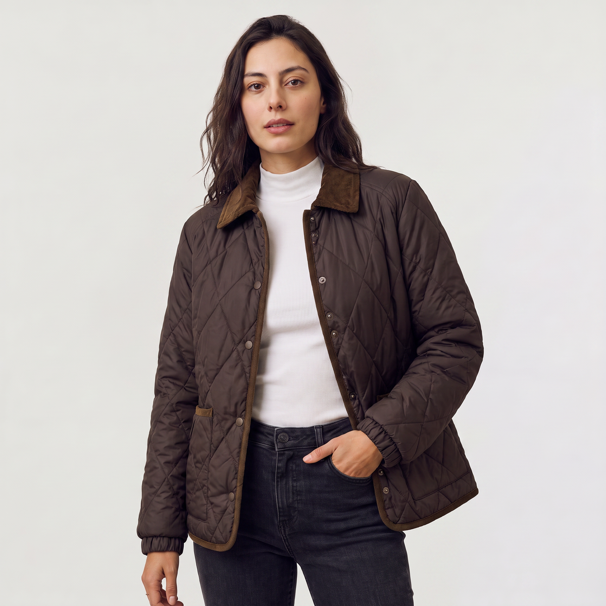 Quilted Puffer Jacket with Corduroy Collar